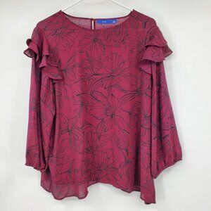 Apt 9 Burgundy and Black‎ Ruffle Sleeve Women's Floral Print Blouse Shirt XXL